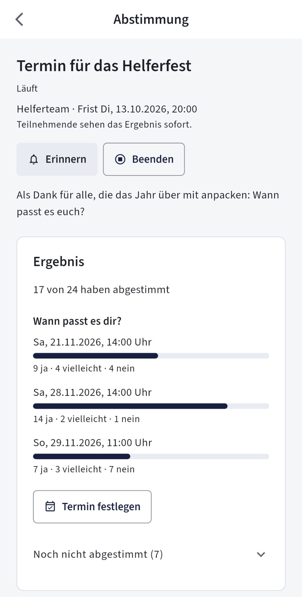 Eine Abstimmung in Clublify zeigt Terminvorschläge und Ergebnisse für ein Helferfest.