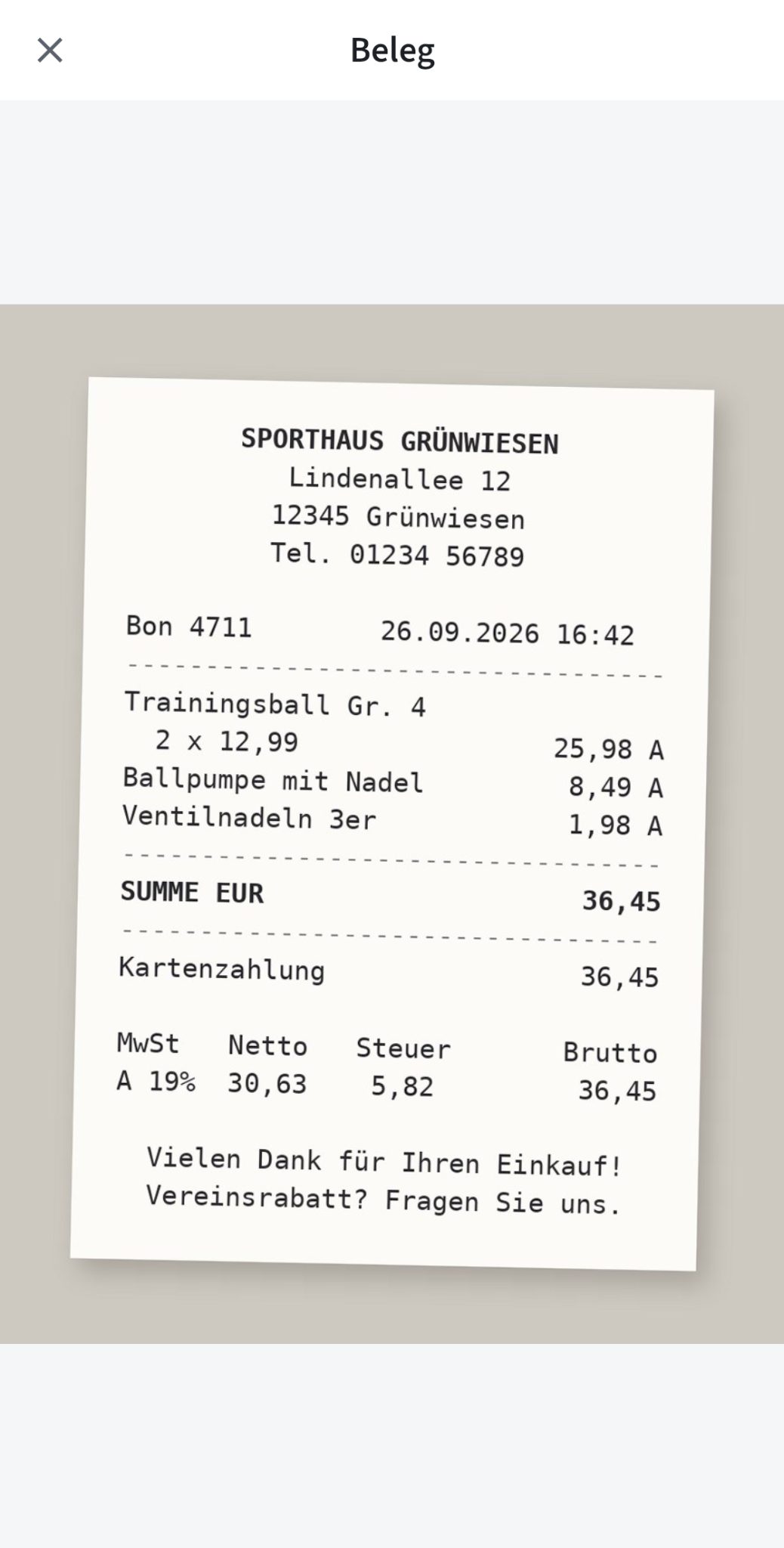 Die Belegansicht der Clublify-App zeigt einen fotografierten Kassenbon.