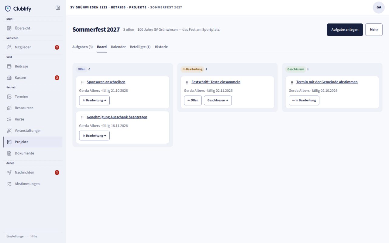 Board des Projekts „Sommerfest 2027“ mit den Spalten Offen, In Bearbeitung und Geschlossen.