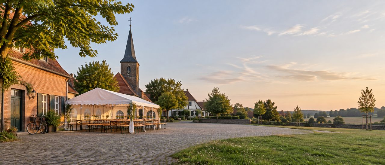 Ein leerer Dorfplatz mit Festzelt und Bänken im weichen Abendlicht.