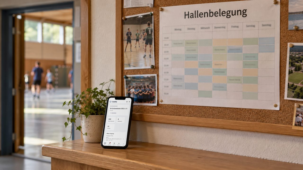 Ein Hallenbelegungsplan hängt an einer Pinnwand, daneben zeigt ein Smartphone die Startansicht der Clublify-App.