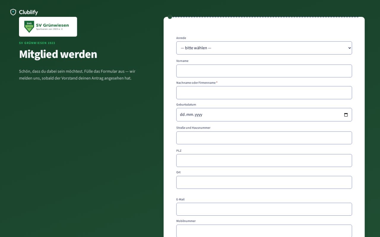 Online-Beitrittsformular des SV Grünwiesen im Vereinslook mit Vereinslogo auf grünem Hintergrund.