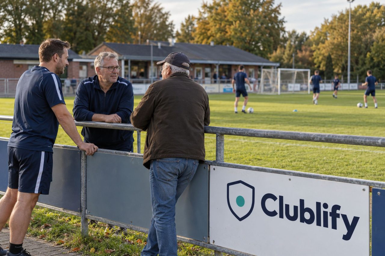 Ein Trainer und zwei ältere Vereinsmitglieder unterhalten sich am Geländer eines Sportplatzes, an der Bande hängt ein Clublify-Schild.