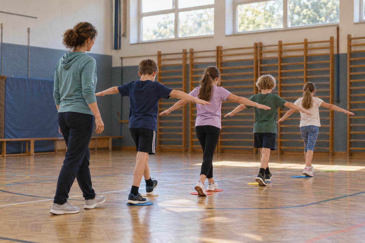 Eine Übungsleiterin begleitet eine Kindergruppe, die von hinten in einer Sporthalle zu sehen ist.