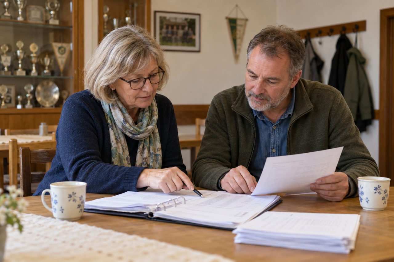 Zwei Vereinsmitglieder prüfen gemeinsam Unterlagen am Tisch im Vereinsheim.