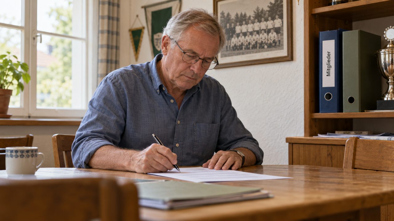 Ein Vereinsvorstand unterschreibt ein Dokument; im Regal steht ein Ordner mit der Aufschrift Mitglieder.